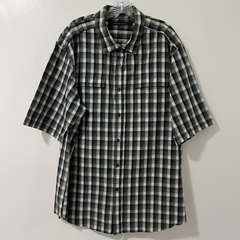 Sean John Mens Plaid Short Sleeve Button Up Shirt Green Blue White Size 3X